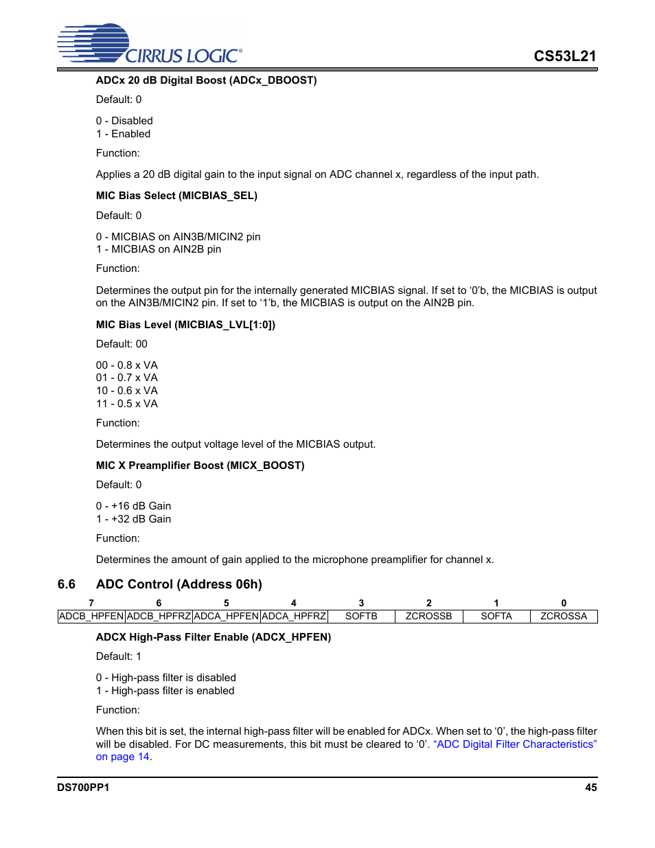 6 adc control (address 06h), Adc control (address 06h)” on, P 45 | Cs53l21 | Cirrus Logic CS53L21 User Manual | Page 45 / 66