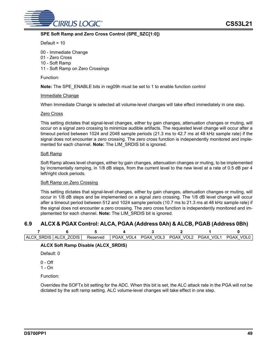 Alcx & pgax control: alca, pgaa, P 49, Cs53l21 | Cirrus Logic CS53L21 User Manual | Page 49 / 66