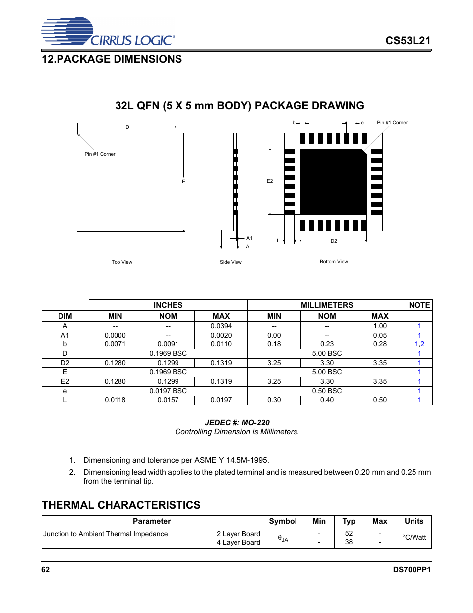 Package dimensions, Thermal characteristics, 32l qfn (5 x 5 mm body) package drawing | Cirrus Logic CS53L21 User Manual | Page 62 / 66