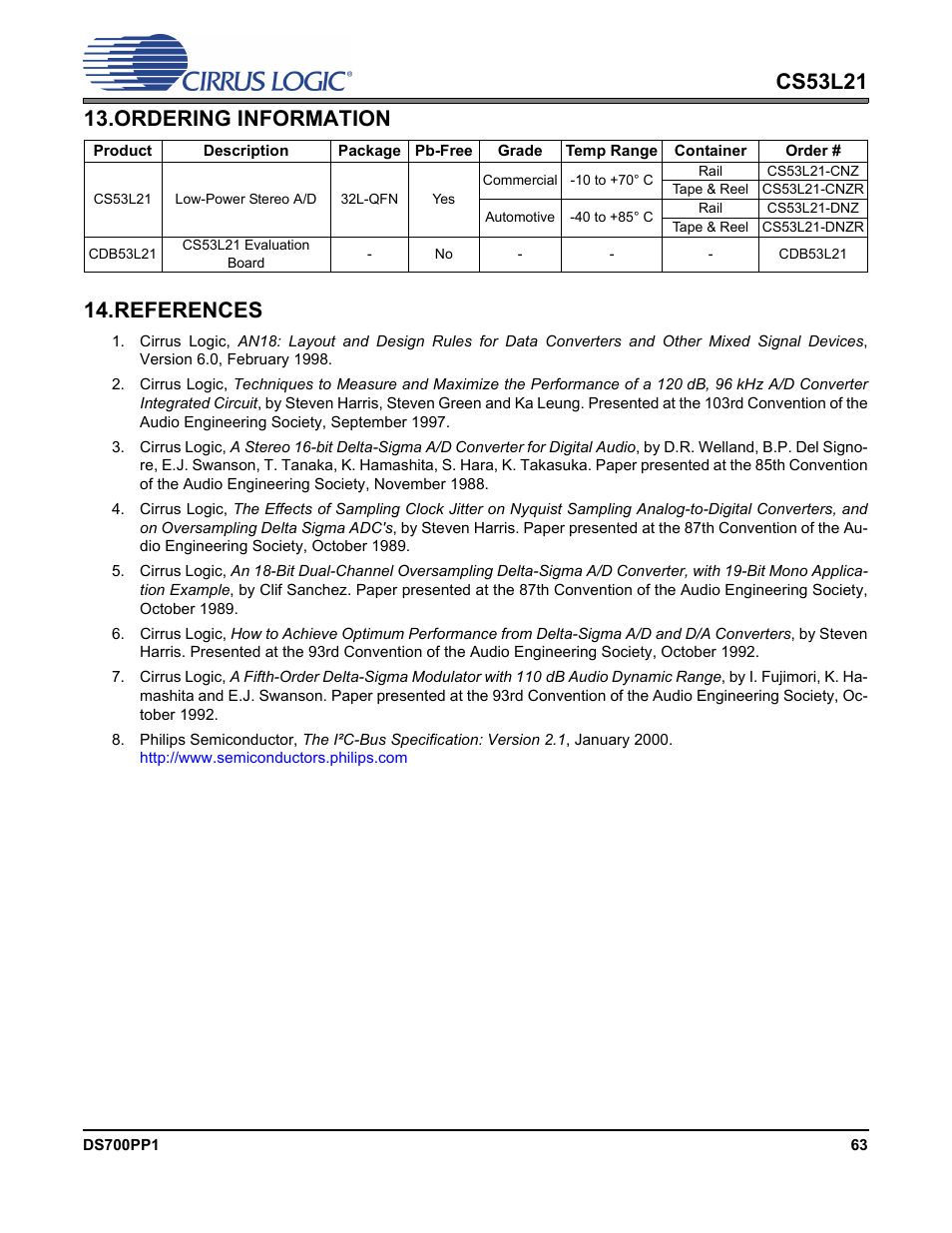 Ordering information, References, Ordering information 14. references | Cirrus Logic CS53L21 User Manual | Page 63 / 66