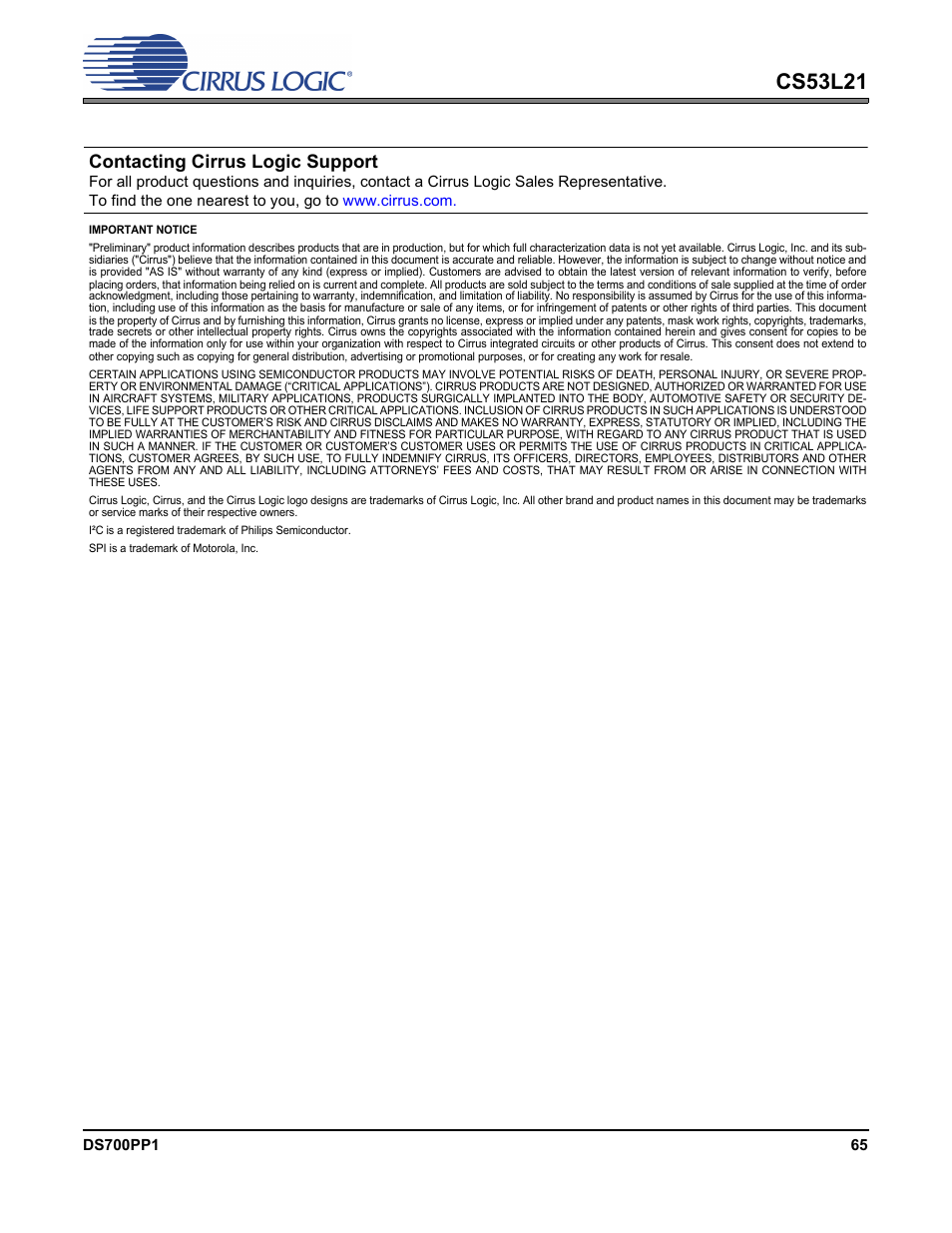 Cs53l21, Contacting cirrus logic support | Cirrus Logic CS53L21 User Manual | Page 65 / 66