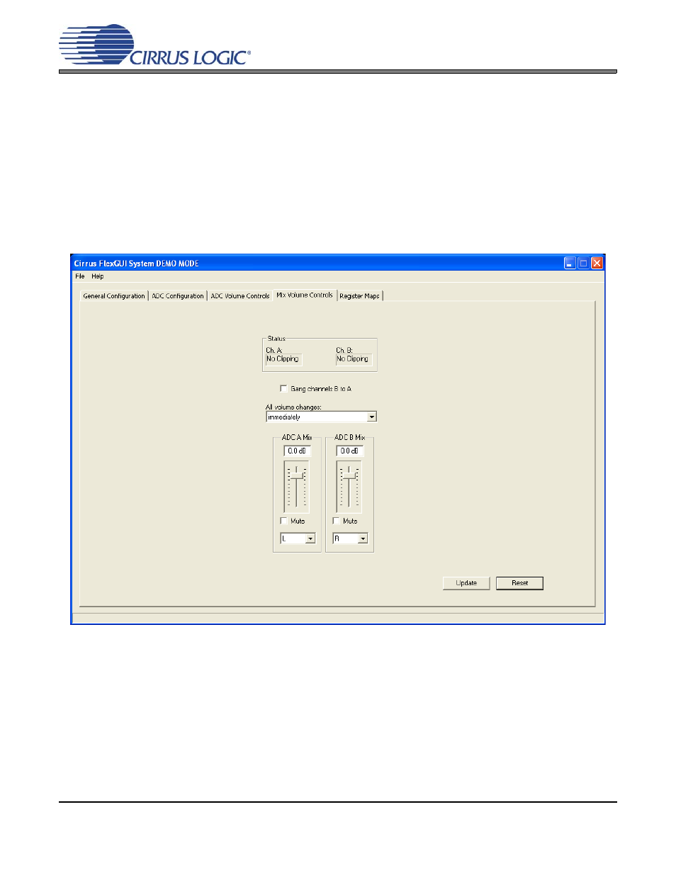 4 mix volume controls tab, Figure 4. mix volume controls tab, Figure 4.mix volume controls tab | Section 2.4, Cdb53l21 | Cirrus Logic CDB53L21 User Manual | Page 11 / 33