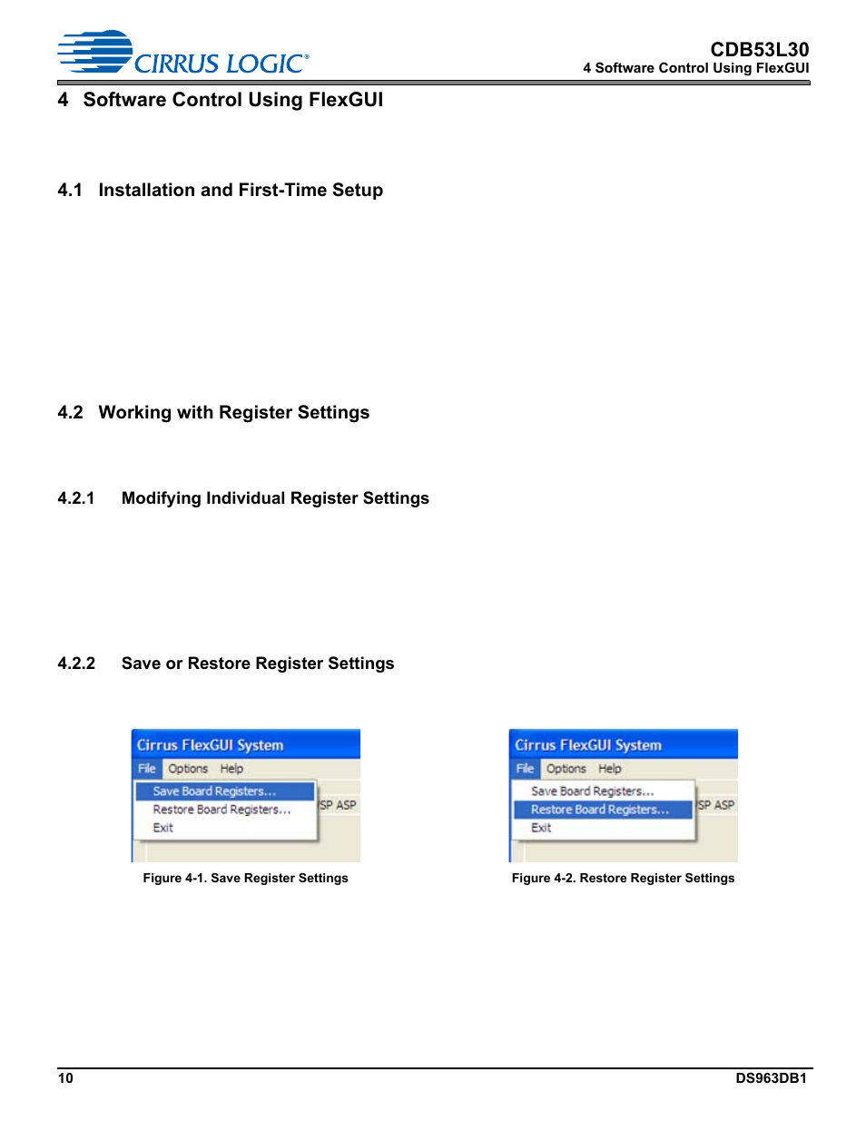 4 software control using flexgui, 1 installation and first-time setup, 2 working with register settings | 1 modifying individual register settings, 2 save or restore register settings, Tware. see s, Section 4.1, Cdb53l30 | Cirrus Logic CDB53L30 User Manual | Page 10 / 37