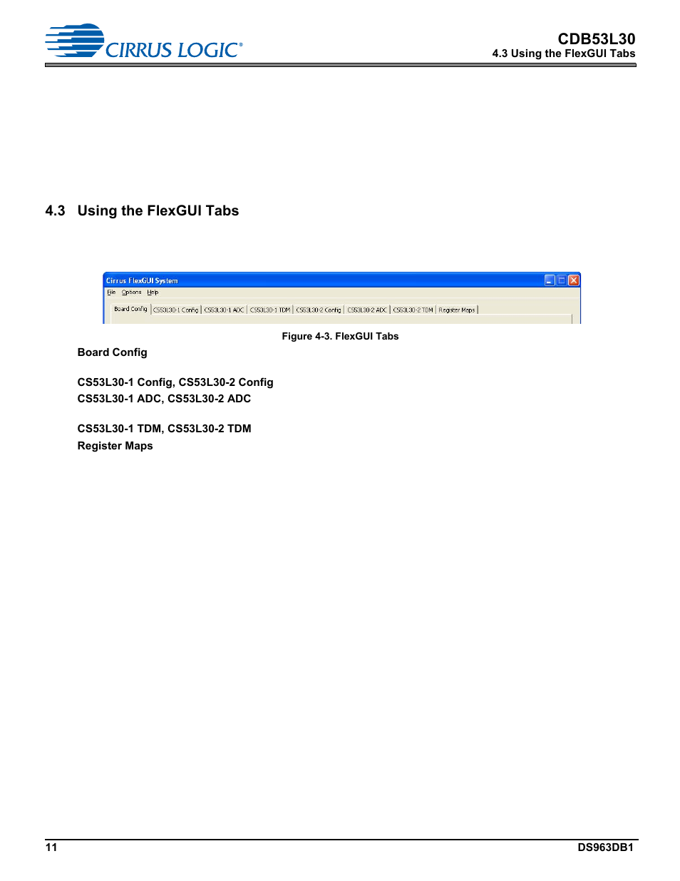 3 using the flexgui tabs, Section 4.3, Cdb53l30 | Cirrus Logic CDB53L30 User Manual | Page 11 / 37