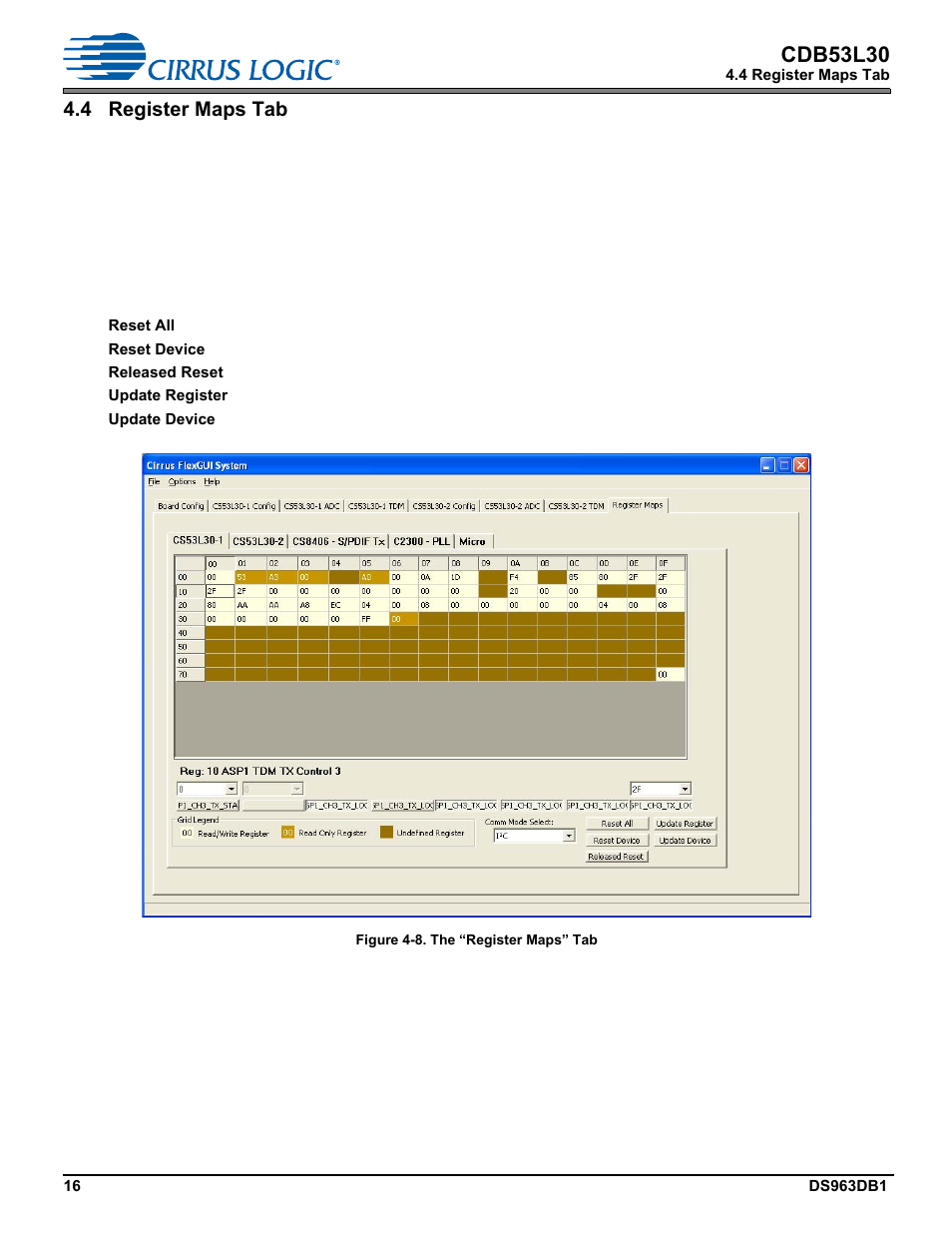 4 register maps tab, Section 4.4, Cdb53l30 | Cirrus Logic CDB53L30 User Manual | Page 16 / 37