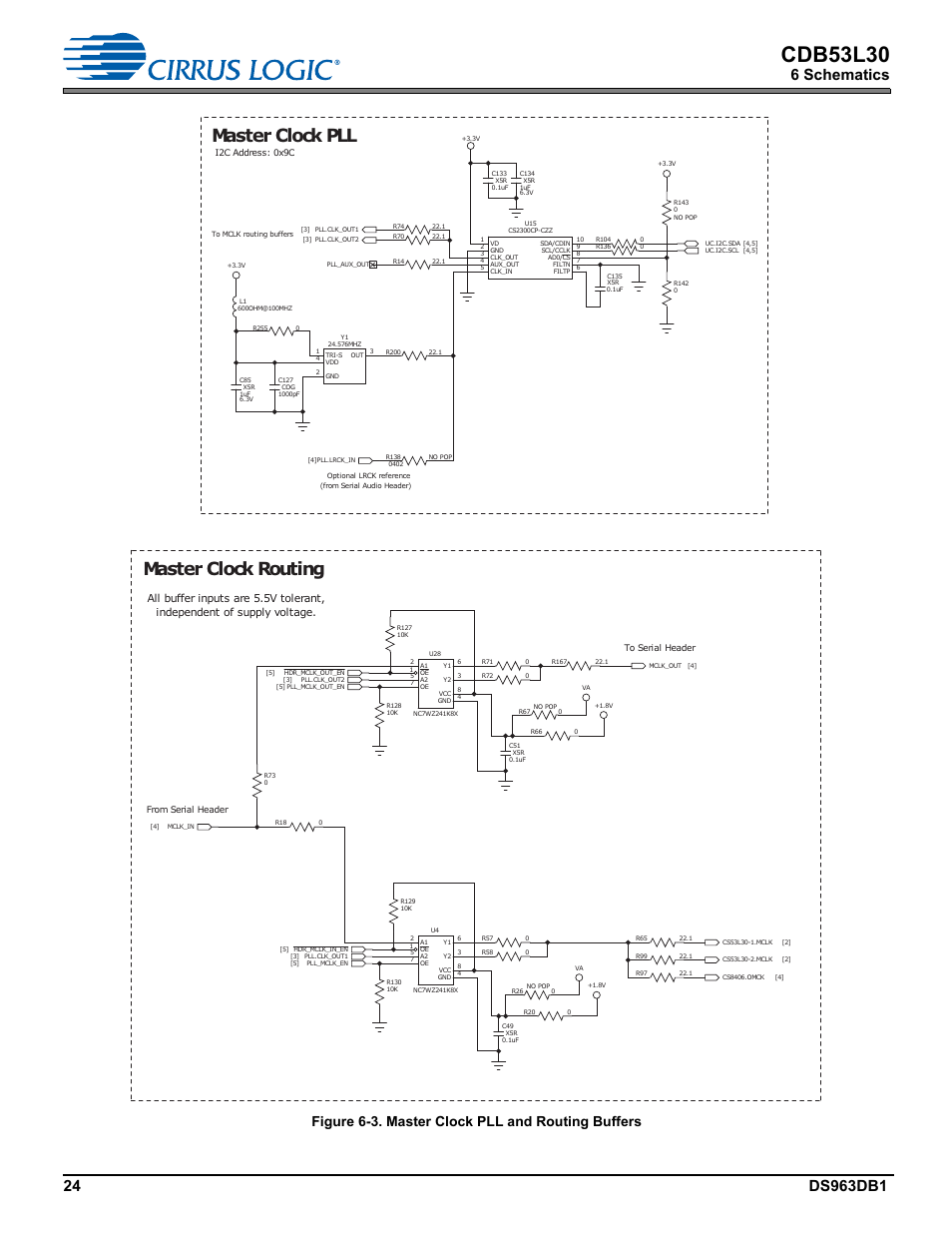 Cdb53l30, Master clock pll, Master clock routing | 6 schematics, Figure 6-3. master clock pll and routing buffers | Cirrus Logic CDB53L30 User Manual | Page 24 / 37