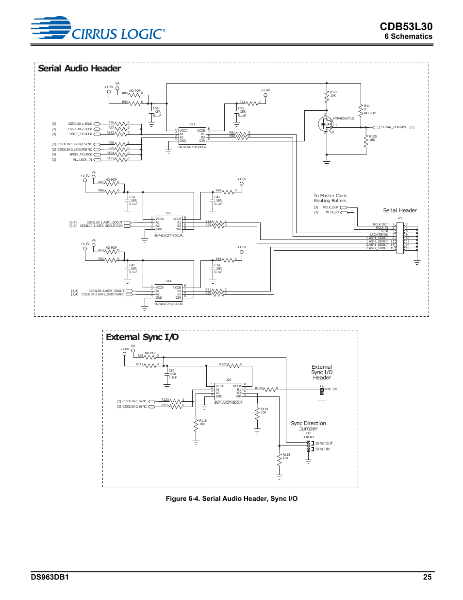 Cdb53l30, Serial audio header, External sync i/o | 6 schematics, Figure 6-4. serial audio header, sync i/o, Serial header, External sync i/o header, Sync direction jumper | Cirrus Logic CDB53L30 User Manual | Page 25 / 37