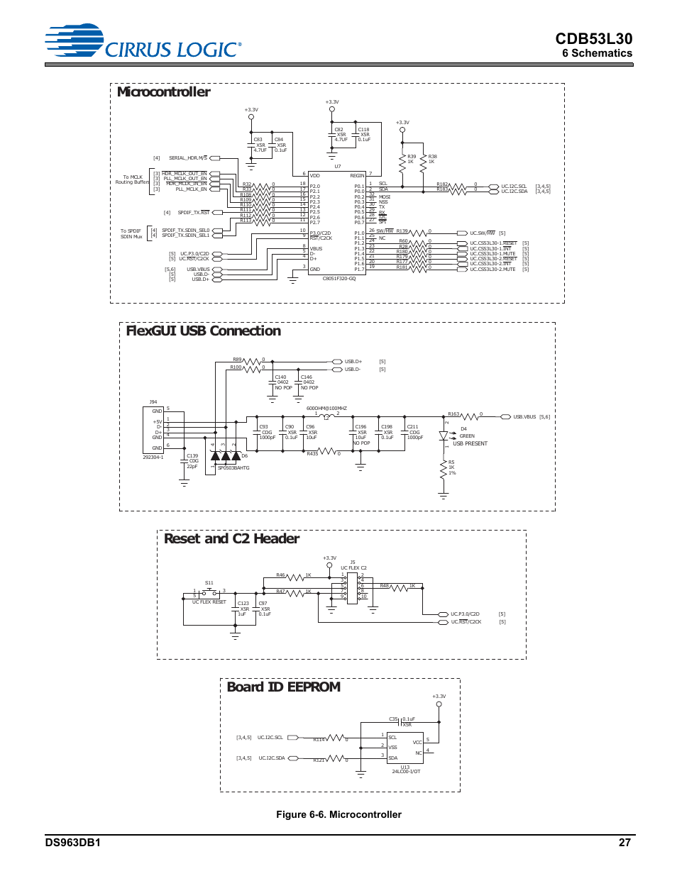 Cdb53l30, Flexgui usb connection, Reset and c2 header | Microcontroller, Board id eeprom, 6 schematics, Figure 6-6. microcontroller | Cirrus Logic CDB53L30 User Manual | Page 27 / 37