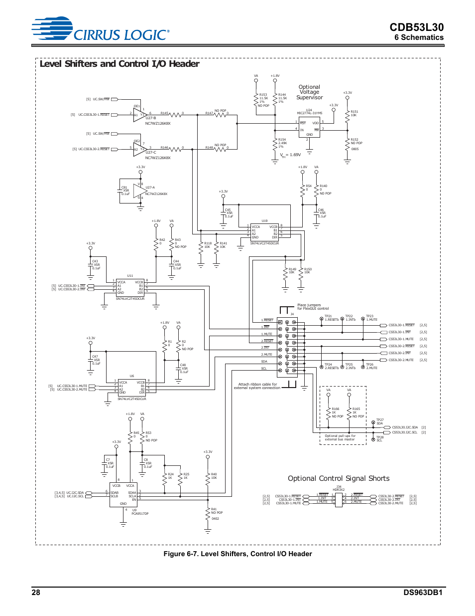 Cdb53l30, Level shifters and control i/o header, 6 schematics | Figure 6-7. level shifters, control i/o header, Optional control signal shorts, Voltage supervisor optional | Cirrus Logic CDB53L30 User Manual | Page 28 / 37