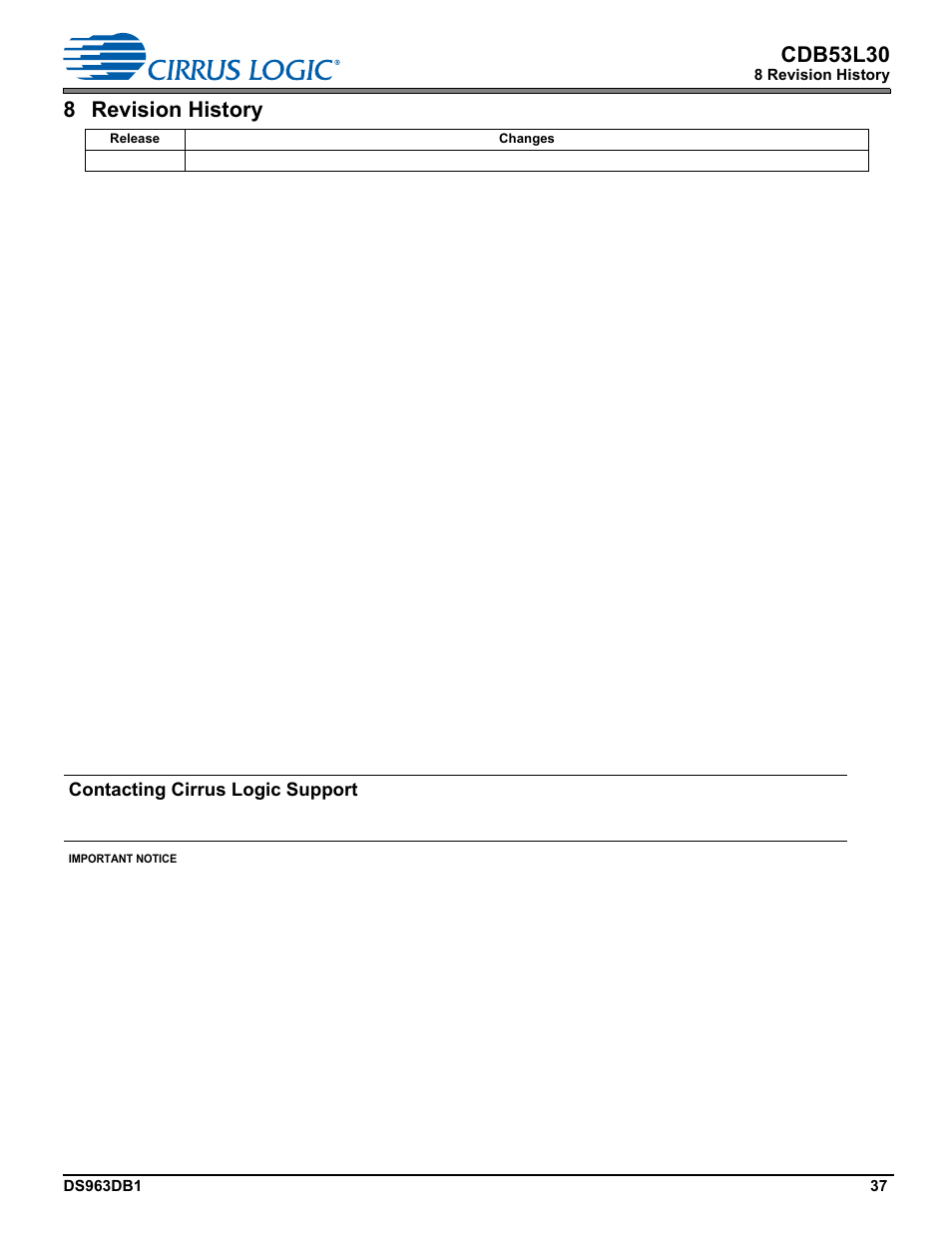 8 revision history, Cdb53l30, Contacting cirrus logic support | Cirrus Logic CDB53L30 User Manual | Page 37 / 37