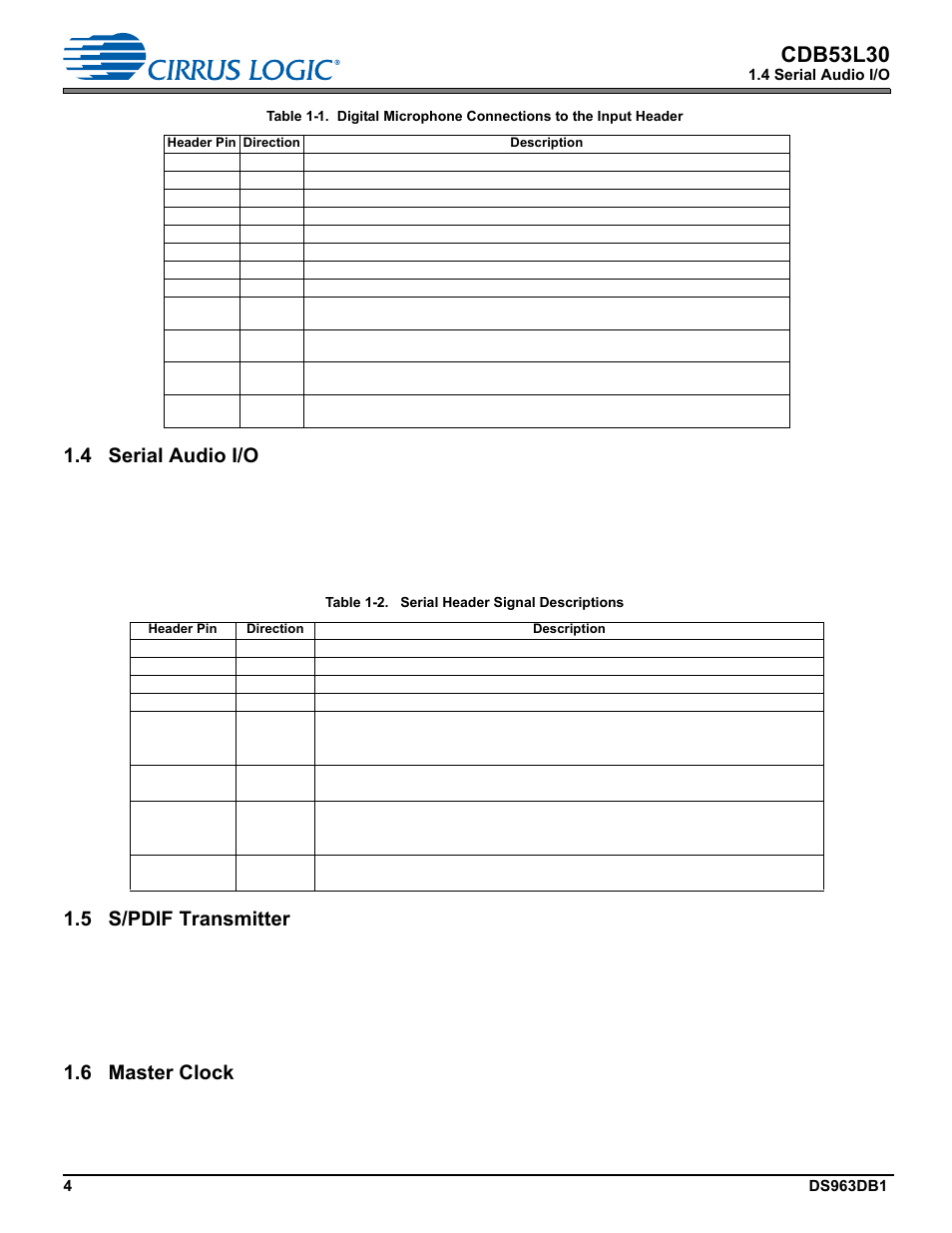 4 serial audio i/o, 5 s/pdif transmitter, 6 master clock | Cdb53l30 | Cirrus Logic CDB53L30 User Manual | Page 4 / 37