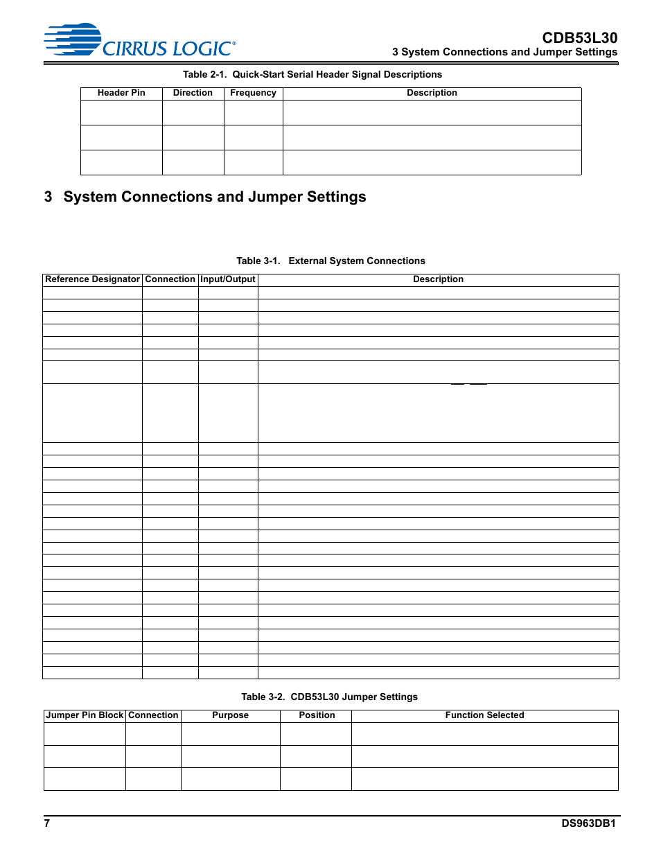 3 system connections and jumper settings, Table 3-2 and, Table 3-2 | Cdb53l30 | Cirrus Logic CDB53L30 User Manual | Page 7 / 37
