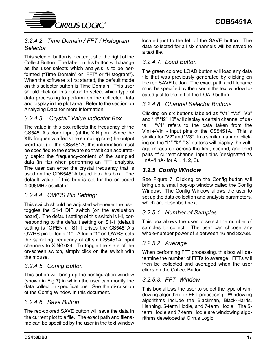 Time domain / fft / histogram selector, “crystal” value indicator box, Owrs pin setting | Config button, Save button, Load button, Channel selector buttons, 5 config window, Number of samples, Average | Cirrus Logic CDB5451A User Manual | Page 17 / 24
