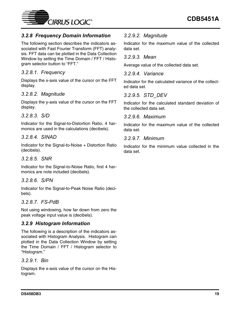 8 frequency domain information, Frequency, Magnitude | Sinad, S/pn, Fs-pdb, 9 histogram information, Mean, Variance, Std_dev | Cirrus Logic CDB5451A User Manual | Page 19 / 24