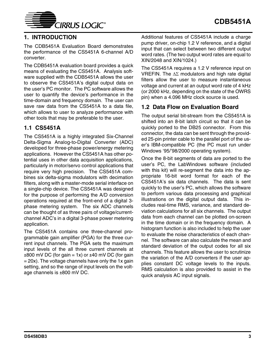 Introduction, 1 cs5451a, 2 data flow on evaluation board | 1 cs5451a 1.2 data flow on evaluation board, Cdb5451a | Cirrus Logic CDB5451A User Manual | Page 3 / 24