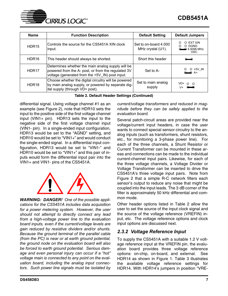 2 voltage reference input, Cdb5451a | Cirrus Logic CDB5451A User Manual | Page 7 / 24