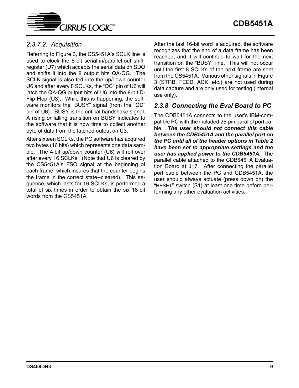Acquisition, 8 connecting the eval board to pc, Cdb5451a | Cirrus Logic CDB5451A User Manual | Page 9 / 24