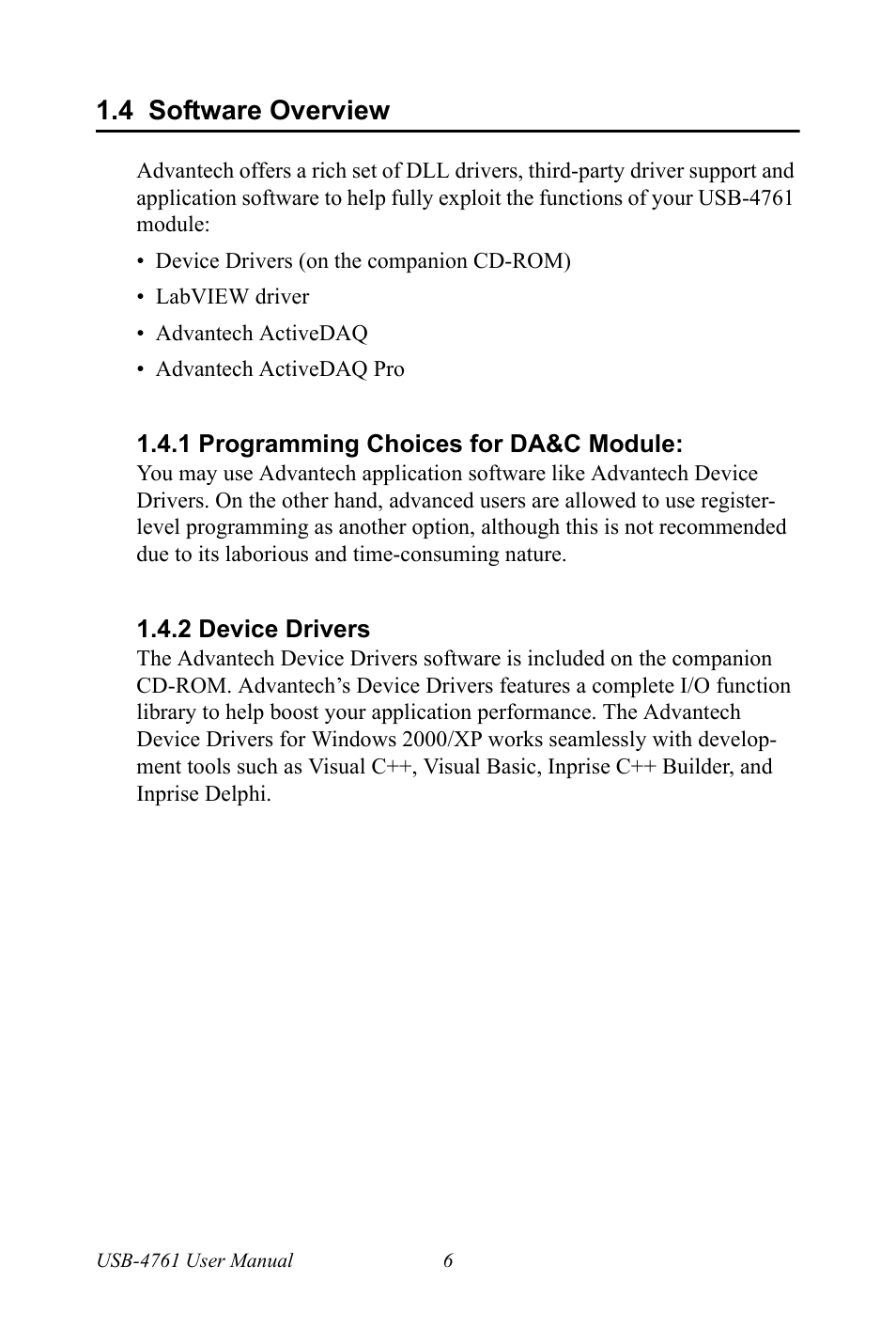 4 software overview, 1 programming choices for da&c module, 2 device drivers | Software overview, Programming choices for da&c module, Device drivers | Advantech Network Device USB-4761 User Manual | Page 12 / 38