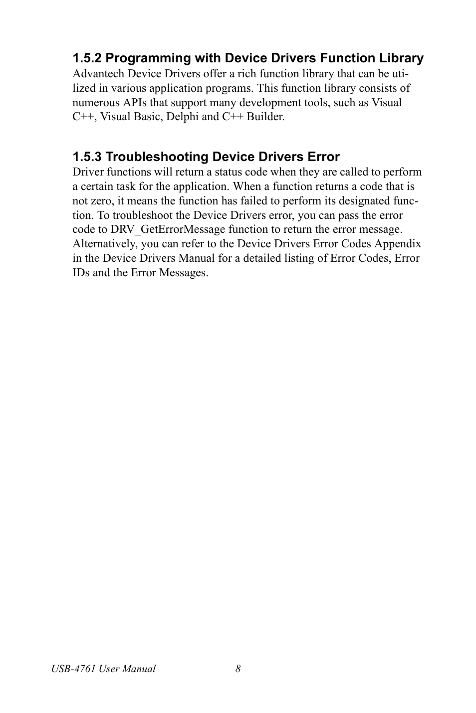 2 programming with device drivers function library, 3 troubleshooting device drivers error, Programming with device drivers function library | Troubleshooting device drivers error | Advantech Network Device USB-4761 User Manual | Page 14 / 38