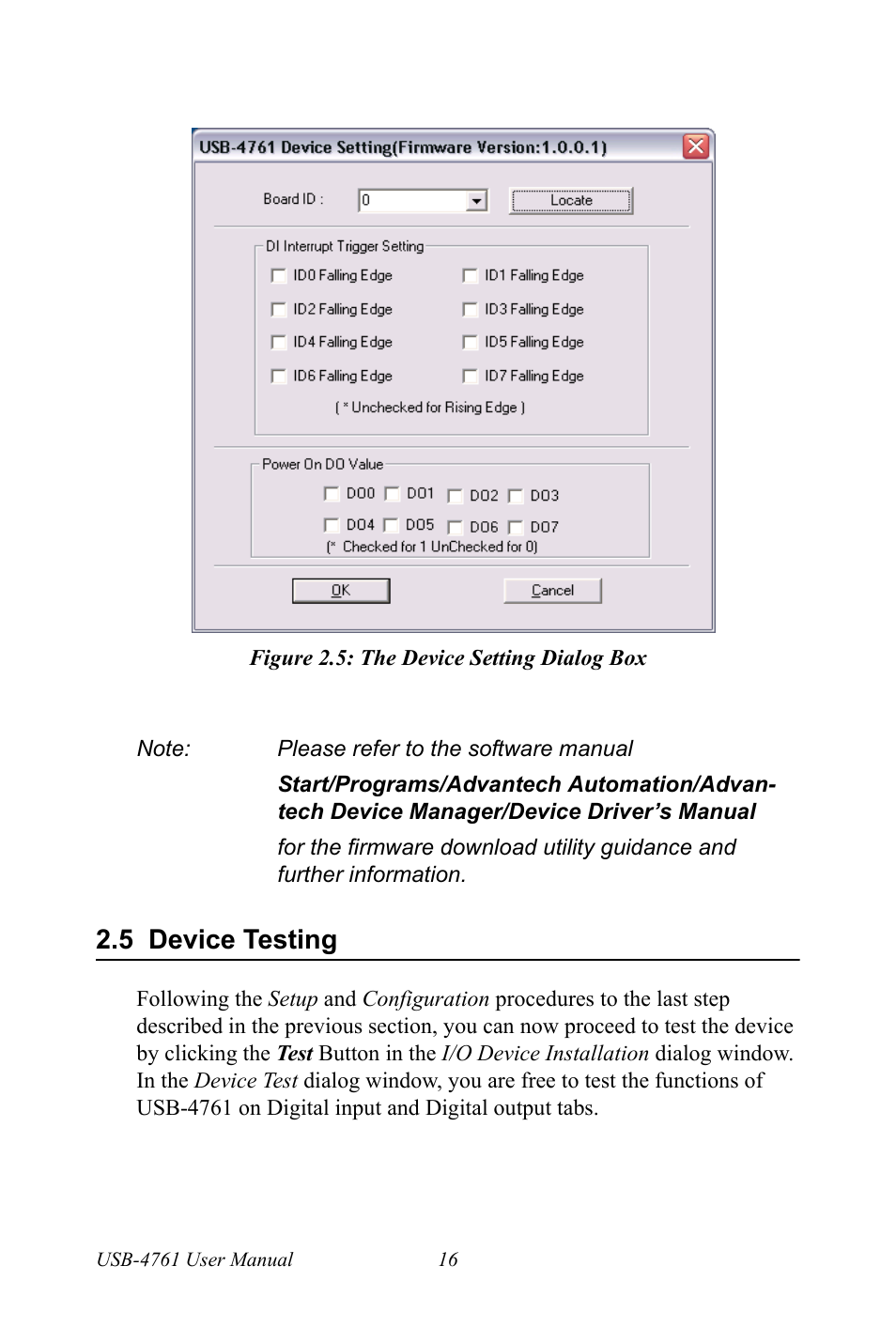 Figure 2.5: the device setting dialog box, 5 device testing, Figure 2.5:the device setting dialog box | Device testing | Advantech Network Device USB-4761 User Manual | Page 22 / 38
