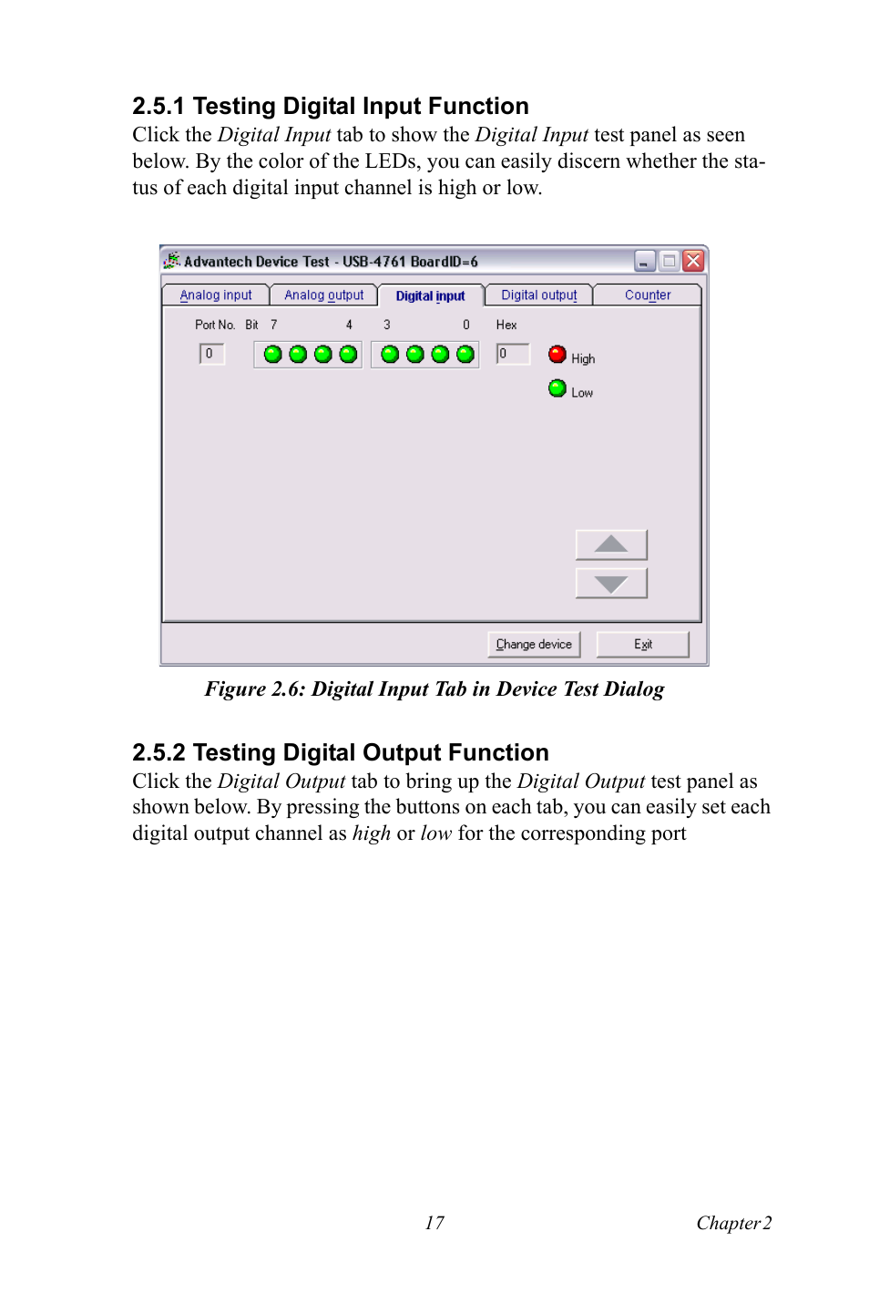 1 testing digital input function, 2 testing digital output function, Testing digital output function | Advantech Network Device USB-4761 User Manual | Page 23 / 38
