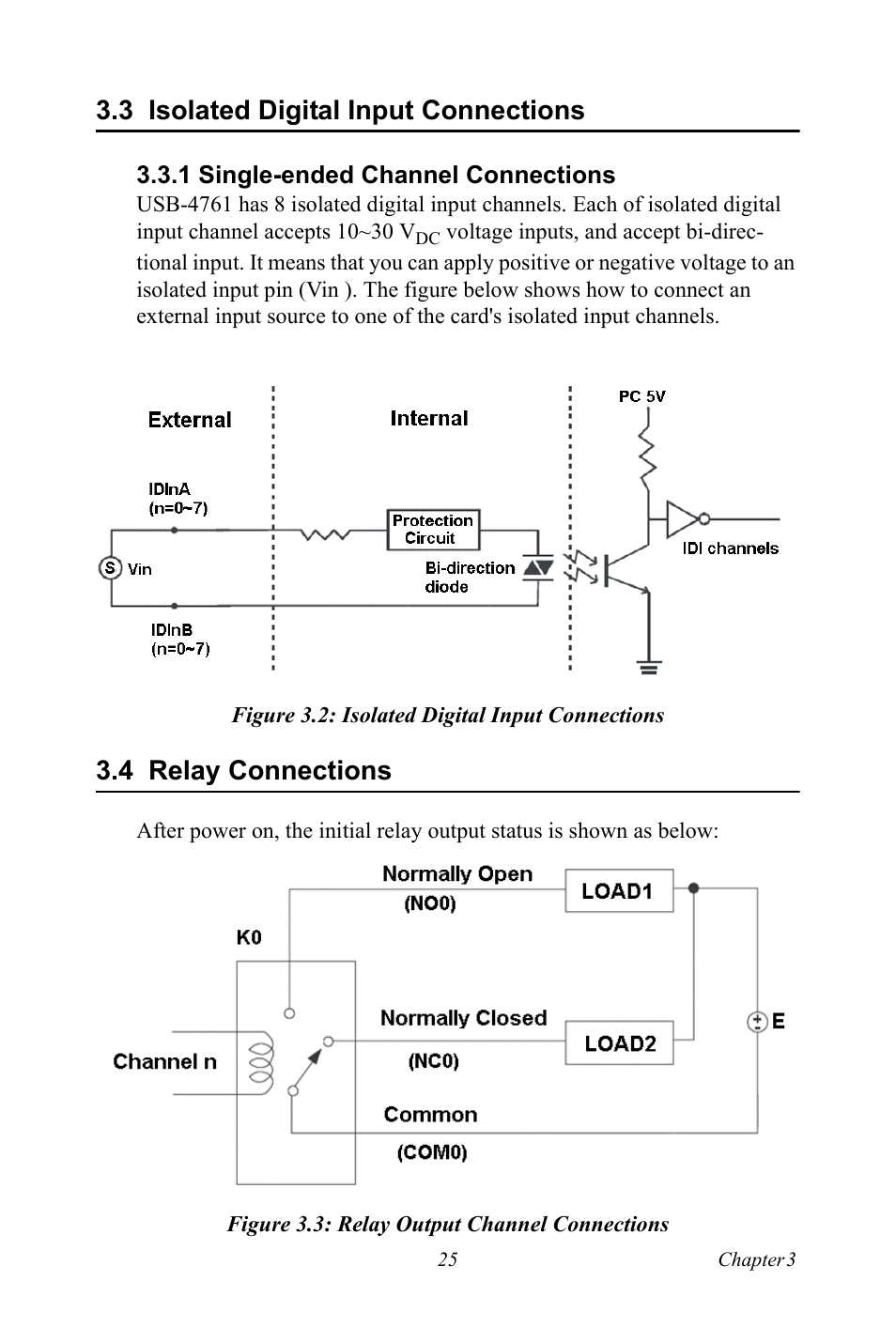 3 isolated digital input connections, 1 single-ended channel connections, Figure 3.2: isolated digital input connections | 4 relay connections, Figure 3.3: relay output channel connections, Isolated digital input connections, Relay connections, Figure 3.3:relay output channel connections | Advantech Network Device USB-4761 User Manual | Page 31 / 38