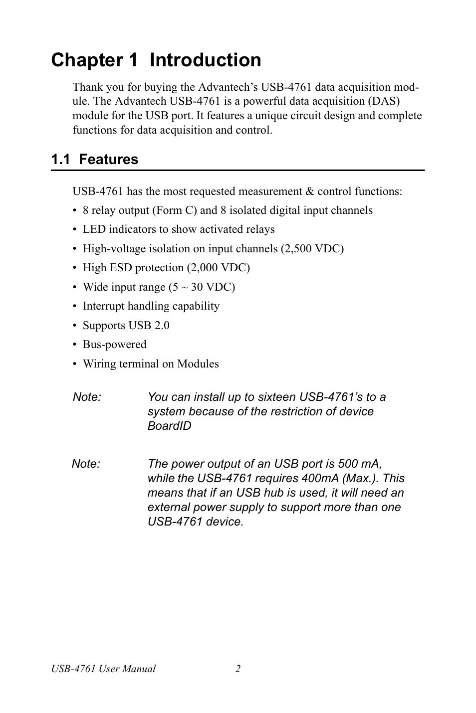 Chapter 1 introduction, 1 features, Chapter | 1 introduction, Features | Advantech Network Device USB-4761 User Manual | Page 8 / 38