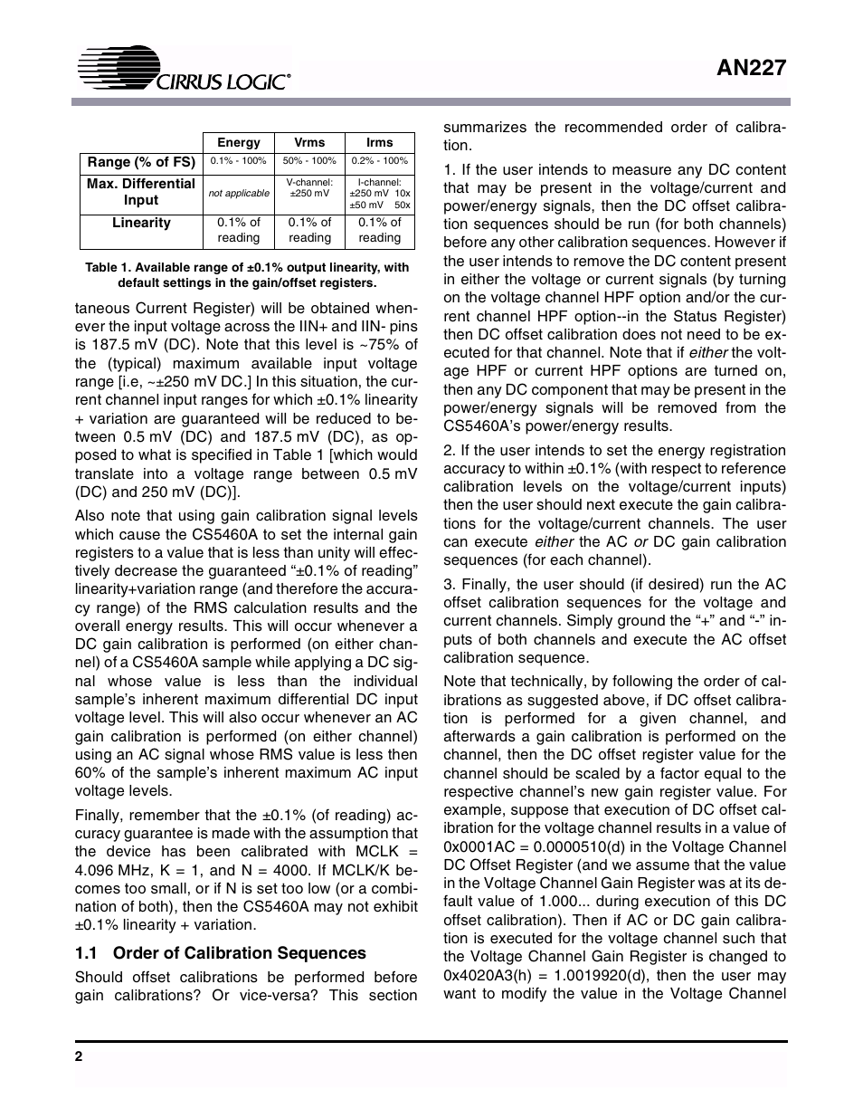 1 order of calibration sequences, An227 | Cirrus Logic AN227 User Manual | Page 2 / 4