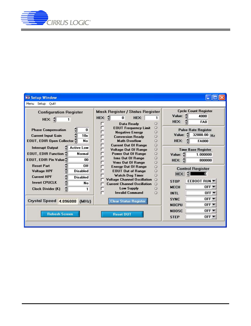 4 setup window, 1 refresh screen button, 2 reset dut button | Figure 8. se, Cdb5460au | Cirrus Logic CDB5460AU User Manual | Page 12 / 38