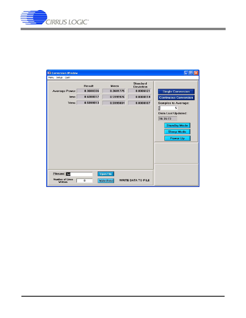 6 conversion window, 1 single conversion button, 2 continuous conversion button | 3 standby / sleep mode buttons, Figure 10. conversion window, Cdb5460au | Cirrus Logic CDB5460AU User Manual | Page 16 / 38