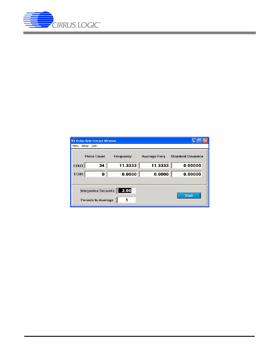 4 power up button, 5 write data to file, 7 pulse rate output window | 1 integration seconds, 2 periods to average, 3 start button, 7 pulse rate window, Figure 11. pulse rate o, Cdb5460au | Cirrus Logic CDB5460AU User Manual | Page 17 / 38