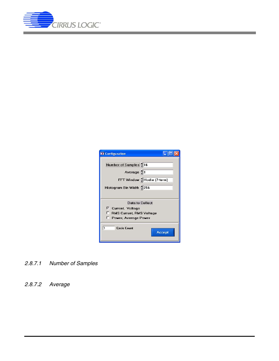 4 output button, 5 zoom button, 6 channel select button | 7 configuration window, 1 number of samples, 2 average, Figure 13. configurat, Cdb5460au | Cirrus Logic CDB5460AU User Manual | Page 19 / 38