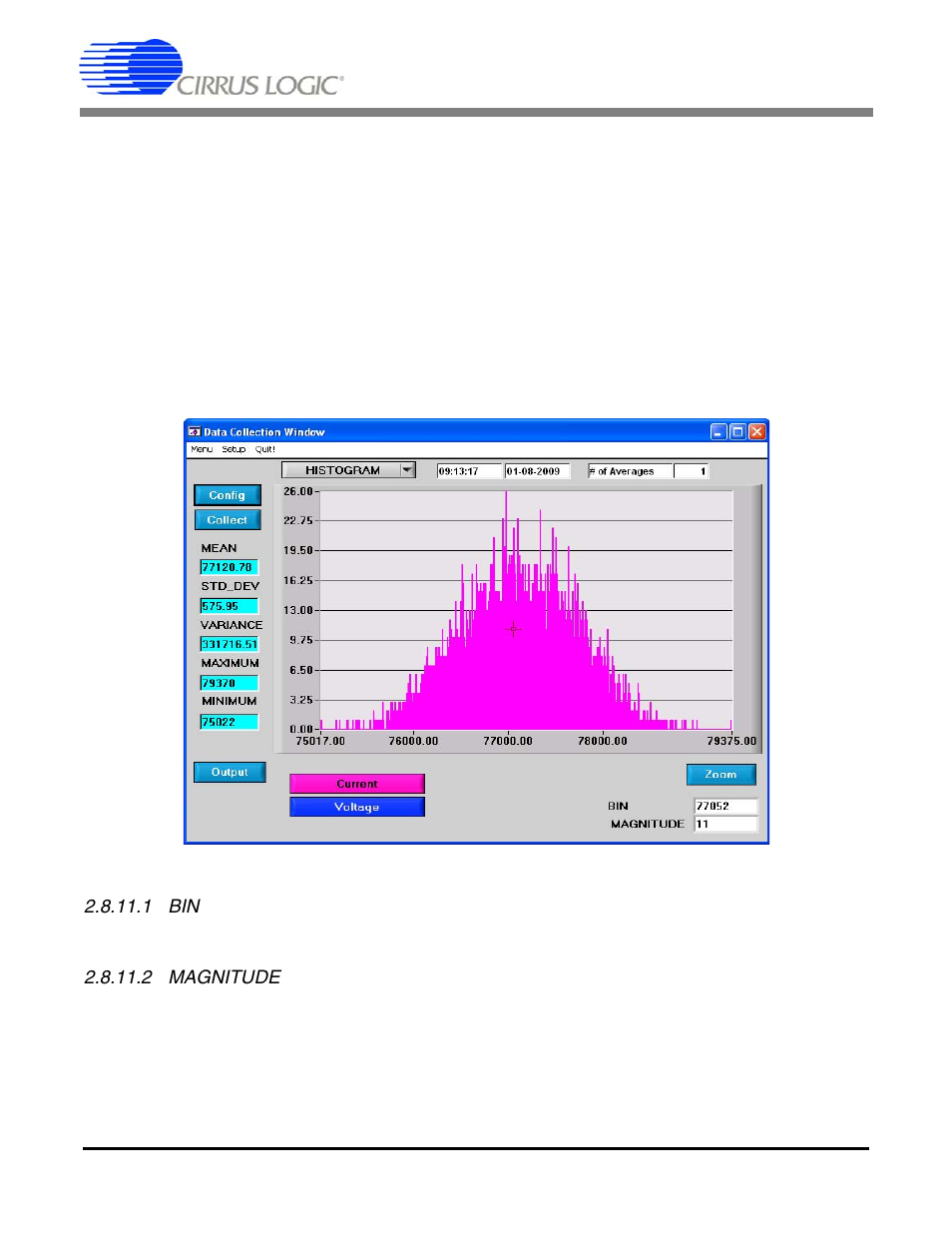10 analyzing data, 11 histogram information, 1 bin | 2 magnitude, Figure 14. his, Cdb5460au | Cirrus Logic CDB5460AU User Manual | Page 21 / 38