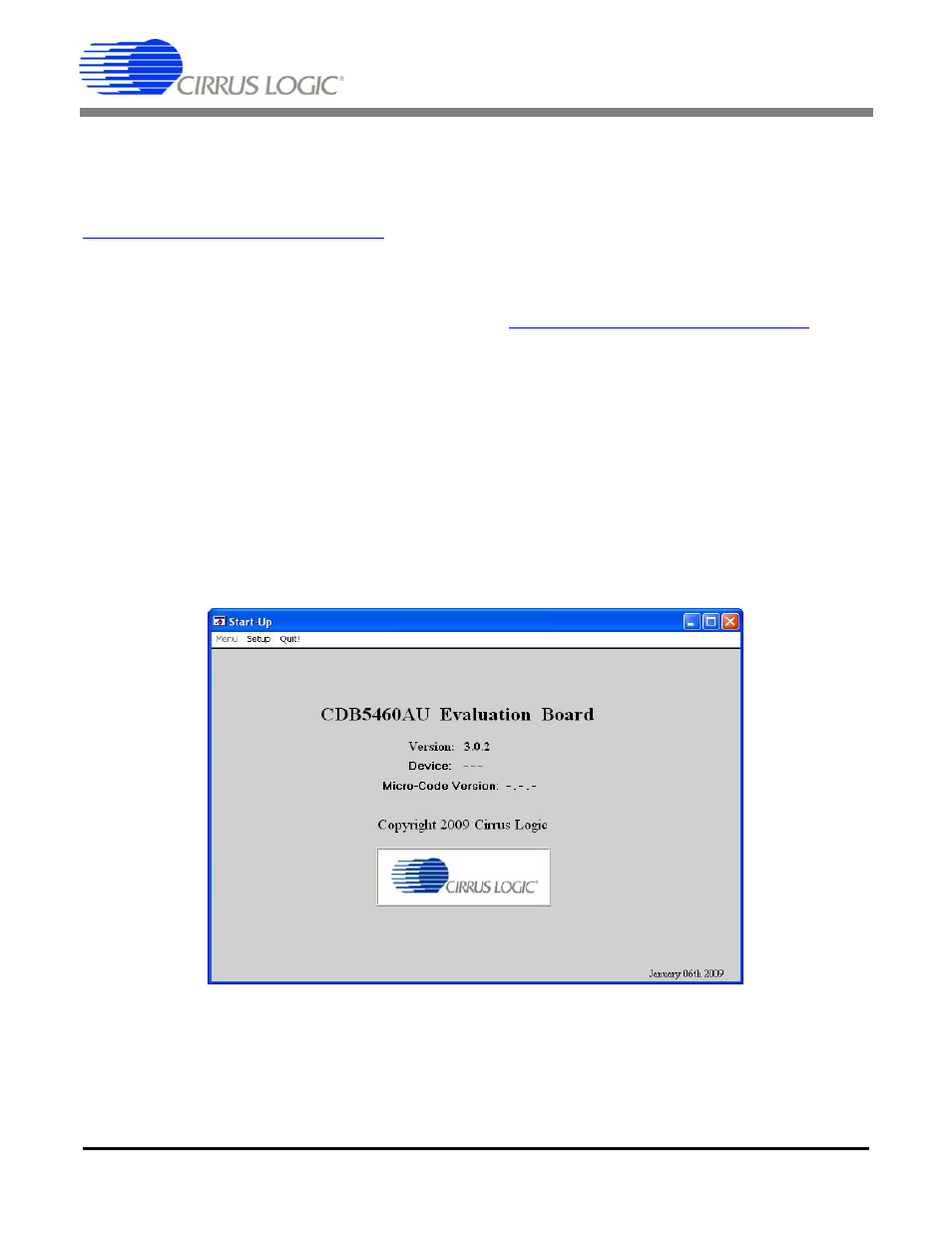 Software, 1 installation, 2 using the software | 3 start-up window, Figure 2. gui start-up window, Cdb5460au | Cirrus Logic CDB5460AU User Manual | Page 8 / 38