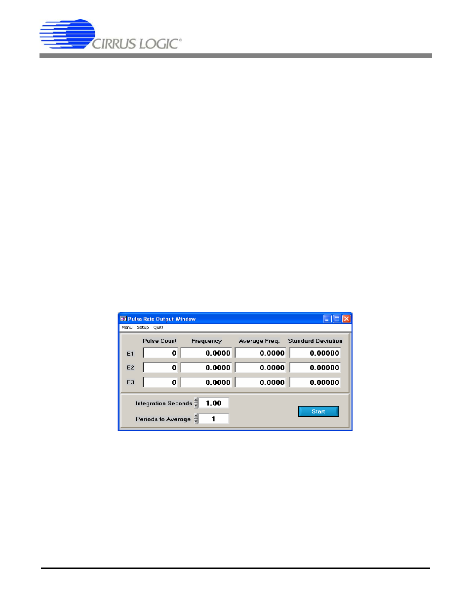 4 power up button, 5 temperature settings window, 6 write data to file window | 7 pulse rate window, 1 integration seconds field, 2 periods to average field, Figure 11. pulse rate output window, Cdb5461au | Cirrus Logic CDB5461AU User Manual | Page 18 / 36