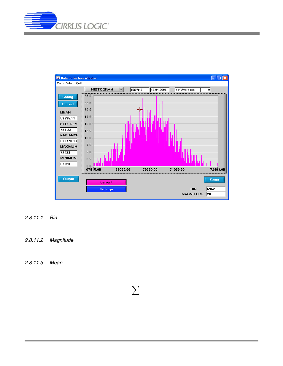 11 histogram information, 1 bin, 2 magnitude | 3 mean, Figure 13. histogram analysis, Cdb5461au | Cirrus Logic CDB5461AU User Manual | Page 22 / 36