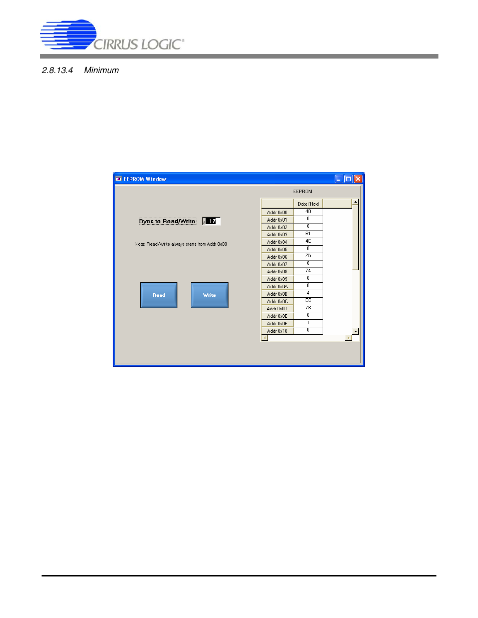 4 minimum, 9 eeprom window, 1 read eeprom | 2 write eeprom, 3 debug window, Figure 16. eeprom, Cdb5461au | Cirrus Logic CDB5461AU User Manual | Page 26 / 36