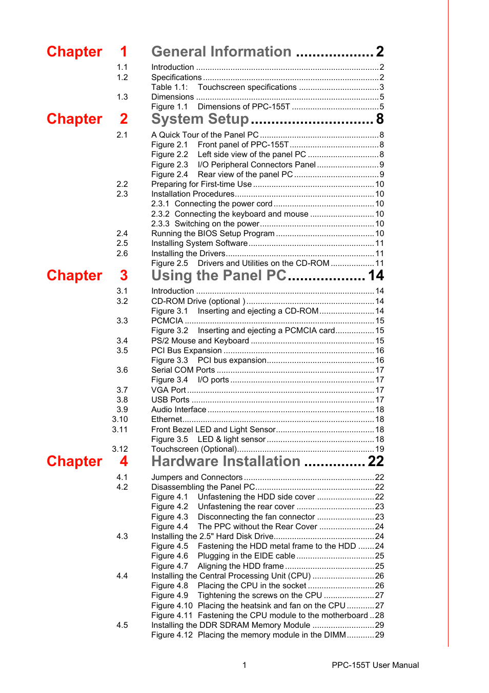 Chapter 1 general information, Chapter 2 system setup, Chapter 3 using the panel pc | Chapter 4 hardware installation | Advantech PPC-155T User Manual | Page 11 / 68