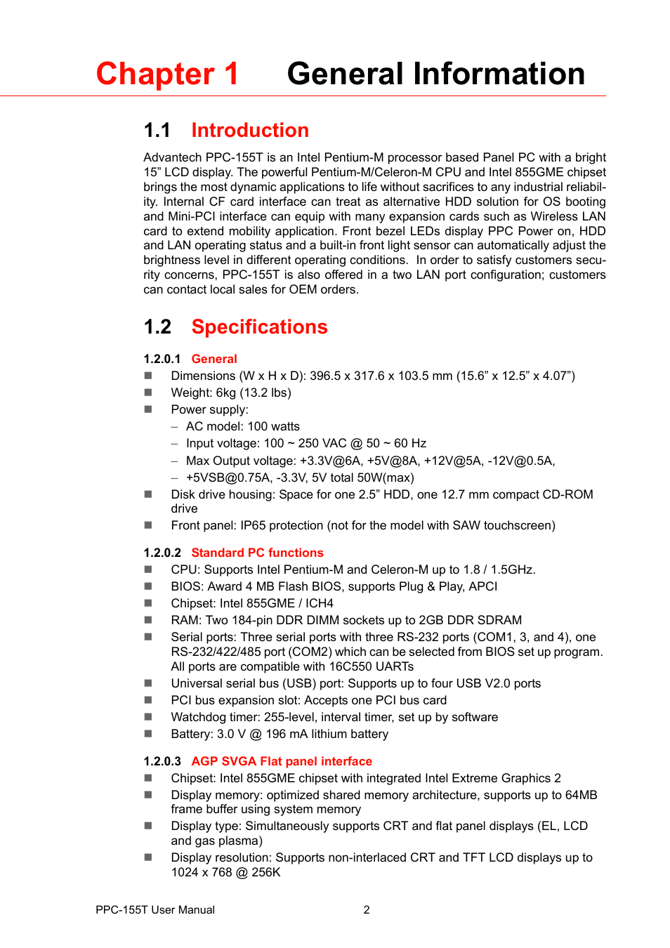 Chapter 1 general information, 1 introduction, 2 specifications | Chapter, Introduction, Specifications | Advantech PPC-155T User Manual | Page 14 / 68