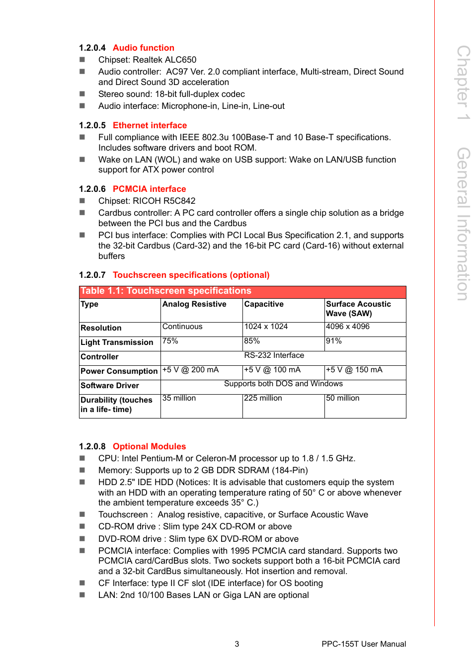 Table 1.1: touchscreen specifications, Table 1.1, Touchscreen specifications | Chapter 1 g eneral information | Advantech PPC-155T User Manual | Page 15 / 68