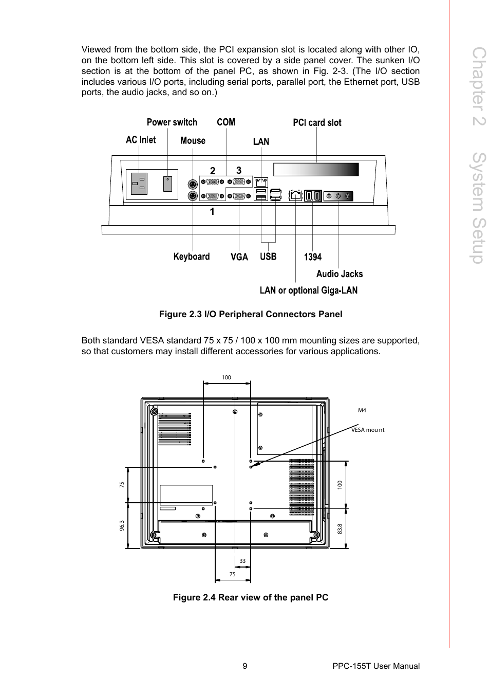 Figure 2.3 i/o peripheral connectors panel, Figure 2.4 rear view of the panel pc, Figure 2.3 | I/o peripheral connectors panel, Figure 2.4, Rear view of the panel pc, Chapter 2 s ystem setup | Advantech PPC-155T User Manual | Page 21 / 68
