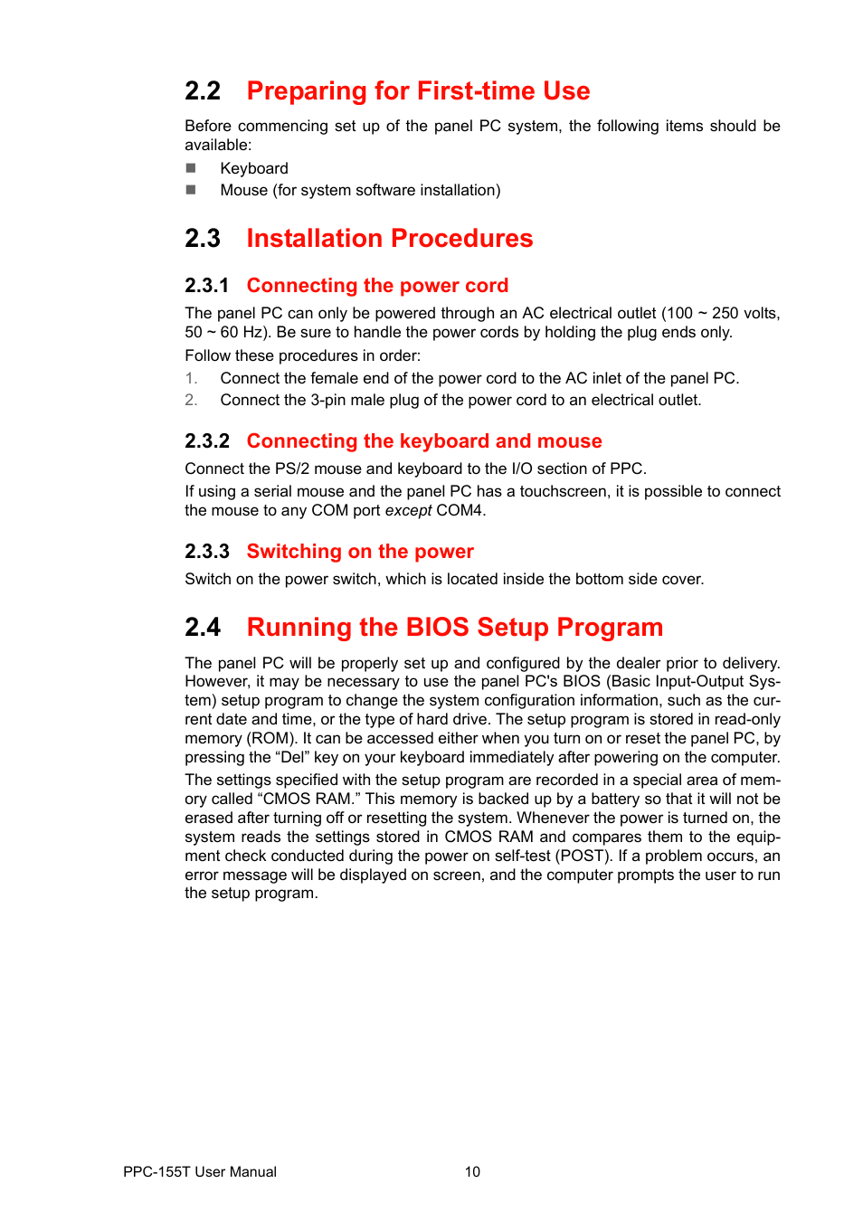 2 preparing for first-time use, 3 installation procedures, 1 connecting the power cord | 2 connecting the keyboard and mouse, 3 switching on the power, 4 running the bios setup program, Preparing for first-time use, Running the bios setup program | Advantech PPC-155T User Manual | Page 22 / 68