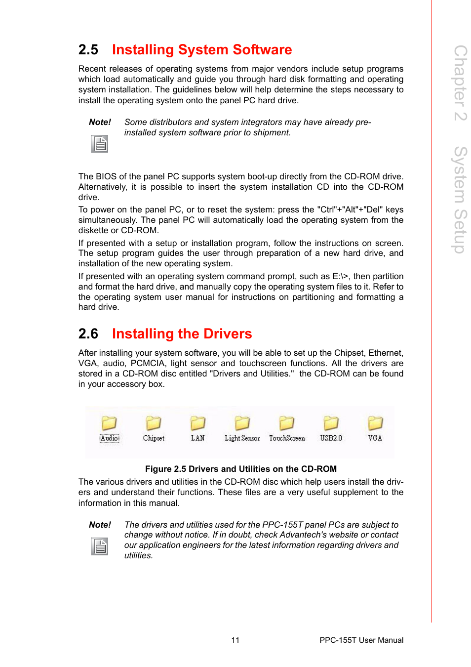 5 installing system software, 6 installing the drivers, Figure 2.5 drivers and utilities on the cd-rom | Installing system software, Installing the drivers figure 2.5, Drivers and utilities on the cd-rom, Chapter 2 s ystem setup | Advantech PPC-155T User Manual | Page 23 / 68