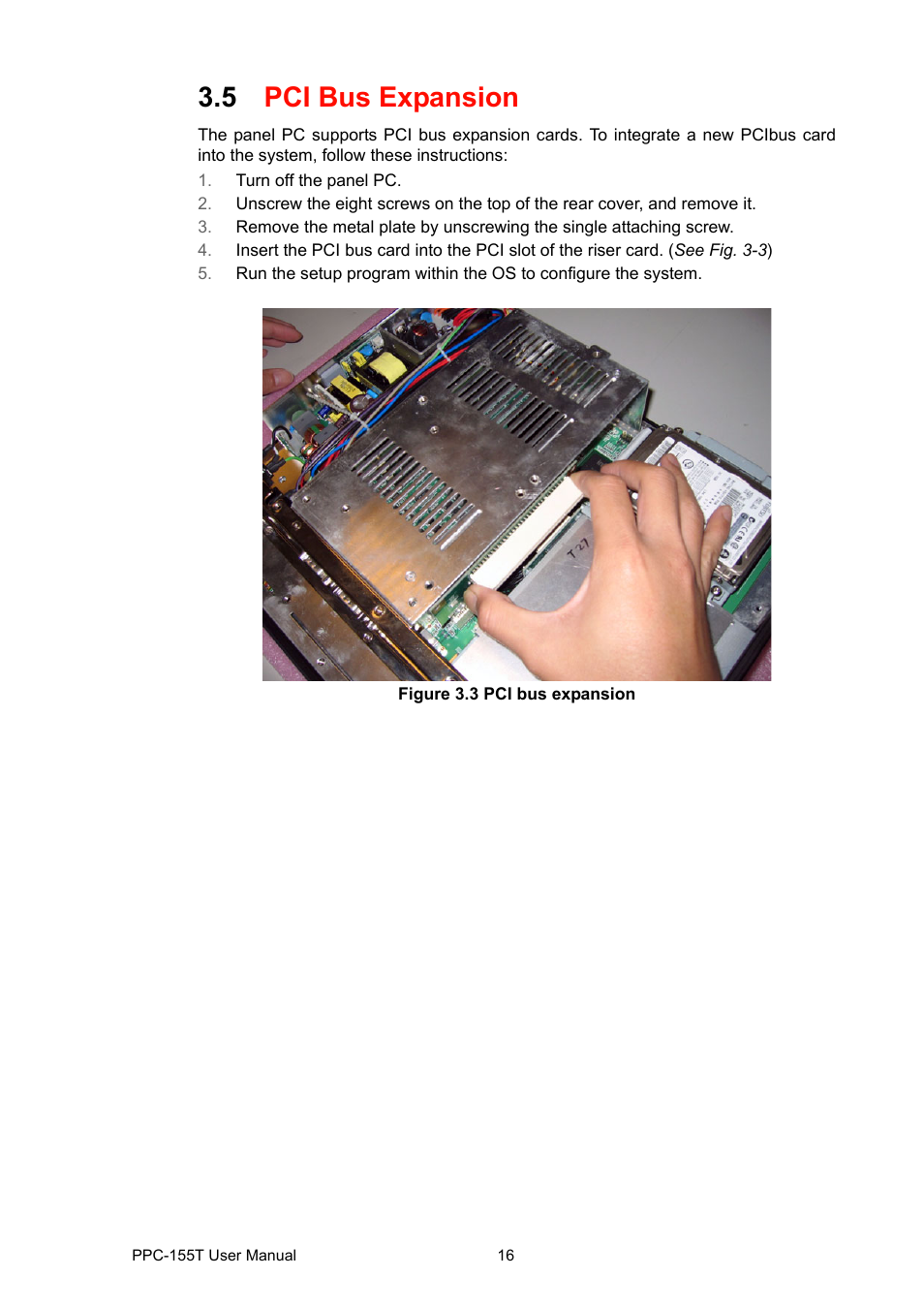 5 pci bus expansion, Figure 3.3 pci bus expansion, Pci bus expansion figure 3.3 | Pci bus expansion | Advantech PPC-155T User Manual | Page 28 / 68