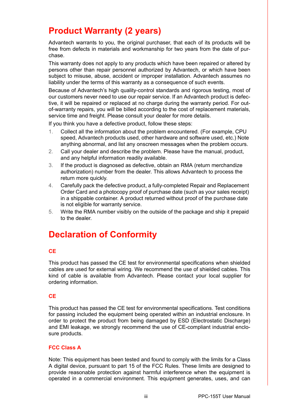 Product warranty (2 years), Declaration of conformity | Advantech PPC-155T User Manual | Page 3 / 68
