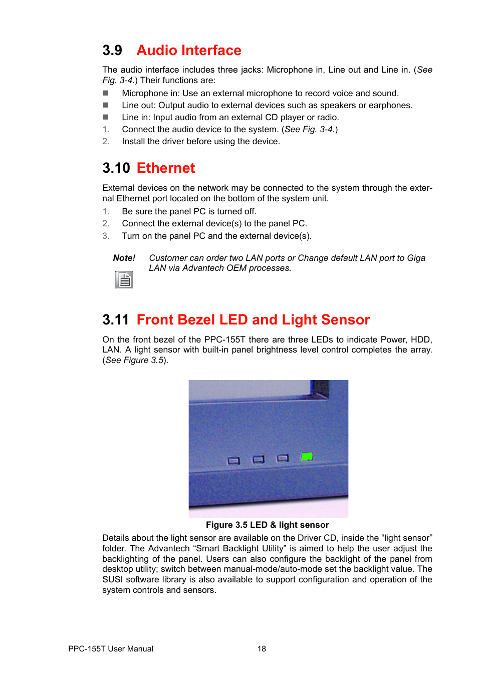9 audio interface, 10 ethernet, 11 front bezel led and light sensor | Figure 3.5 led & light sensor, Audio interface, Ethernet, Front bezel led and light sensor figure 3.5, Led & light sensor | Advantech PPC-155T User Manual | Page 30 / 68