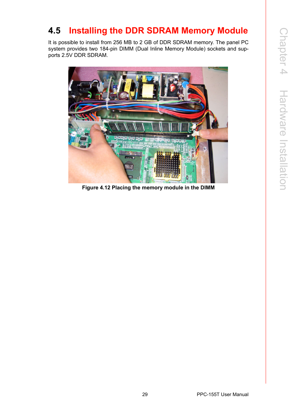 5 installing the ddr sdram memory module, Figure 4.12 placing the memory module in the dimm, Chapter 4 h ardware installation | Advantech PPC-155T User Manual | Page 41 / 68