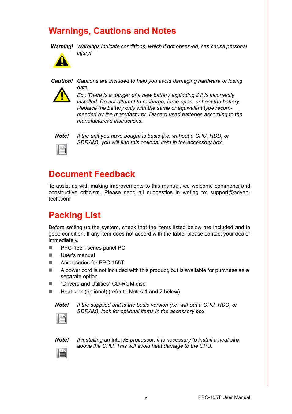 Packing list | Advantech PPC-155T User Manual | Page 5 / 68