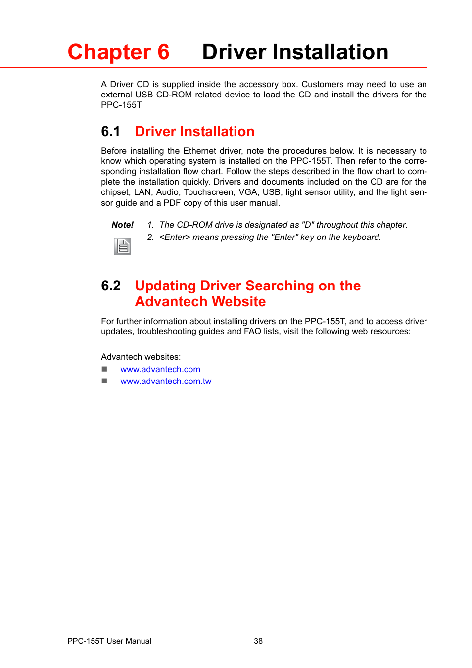 Chapter 6 driver installation, 1 driver installation, Chapter | Driver installation, Updating driver searching on the advantech website | Advantech PPC-155T User Manual | Page 50 / 68
