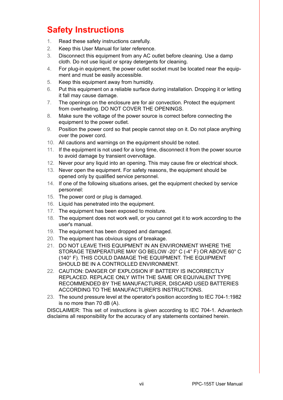 Safety instructions | Advantech PPC-155T User Manual | Page 7 / 68